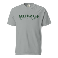 Golf Day Off Tee featuring green vintage inspired Queens Country Club graphic on a garment-dyed heavyweight t-shirt.