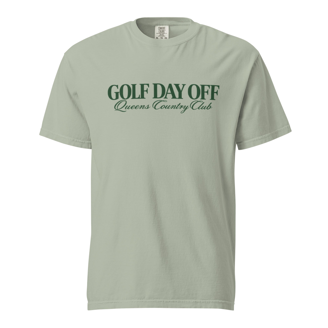 Golf Day Off Tee featuring green vintage inspired Queens Country Club graphic on a garment-dyed heavyweight t-shirt.