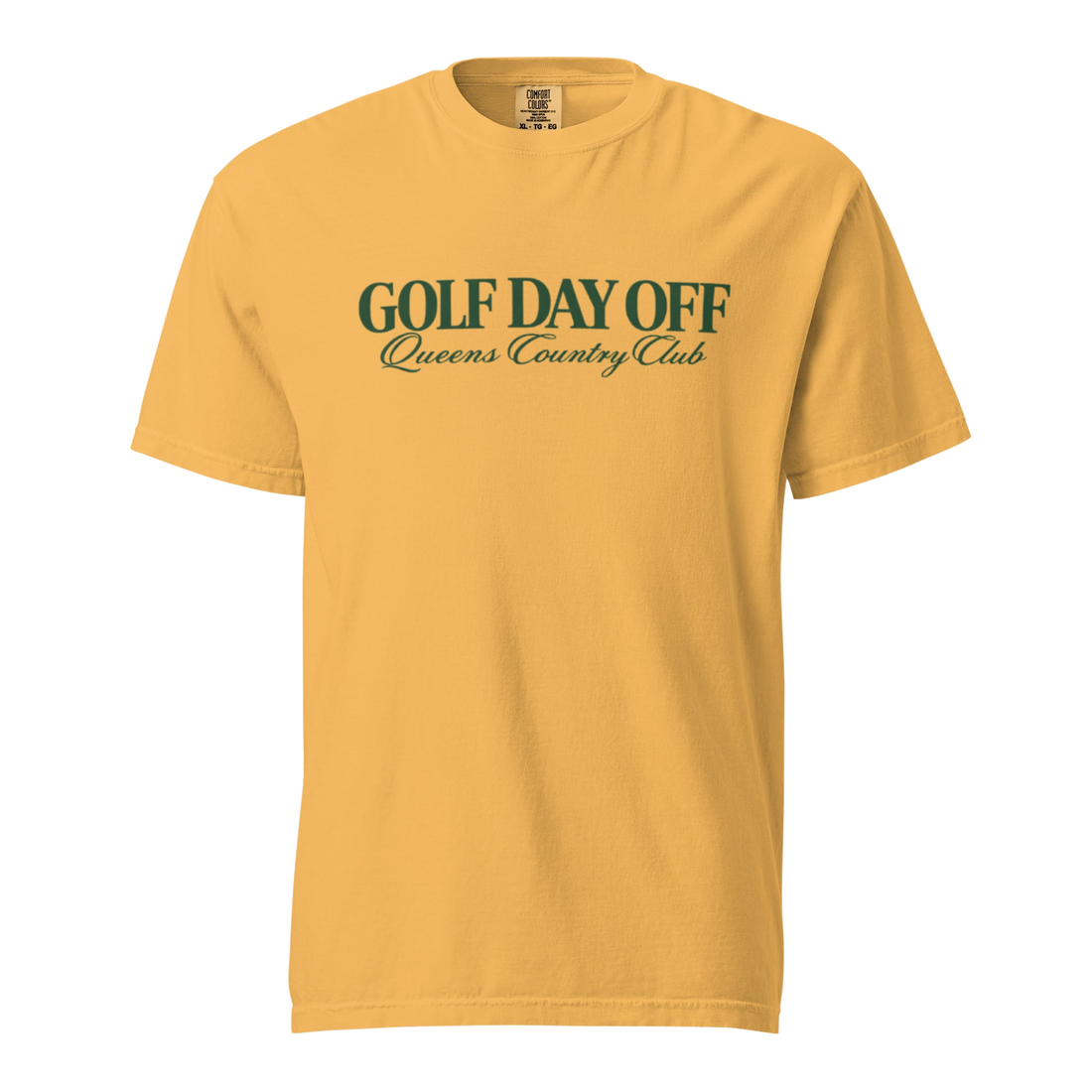 Golf Day Off Tee featuring green vintage inspired Queens Country Club graphic on a garment-dyed heavyweight t-shirt.