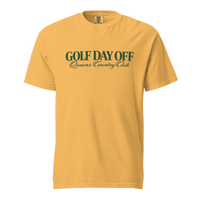 Golf Day Off Tee featuring green vintage inspired Queens Country Club graphic on a garment-dyed heavyweight t-shirt.
