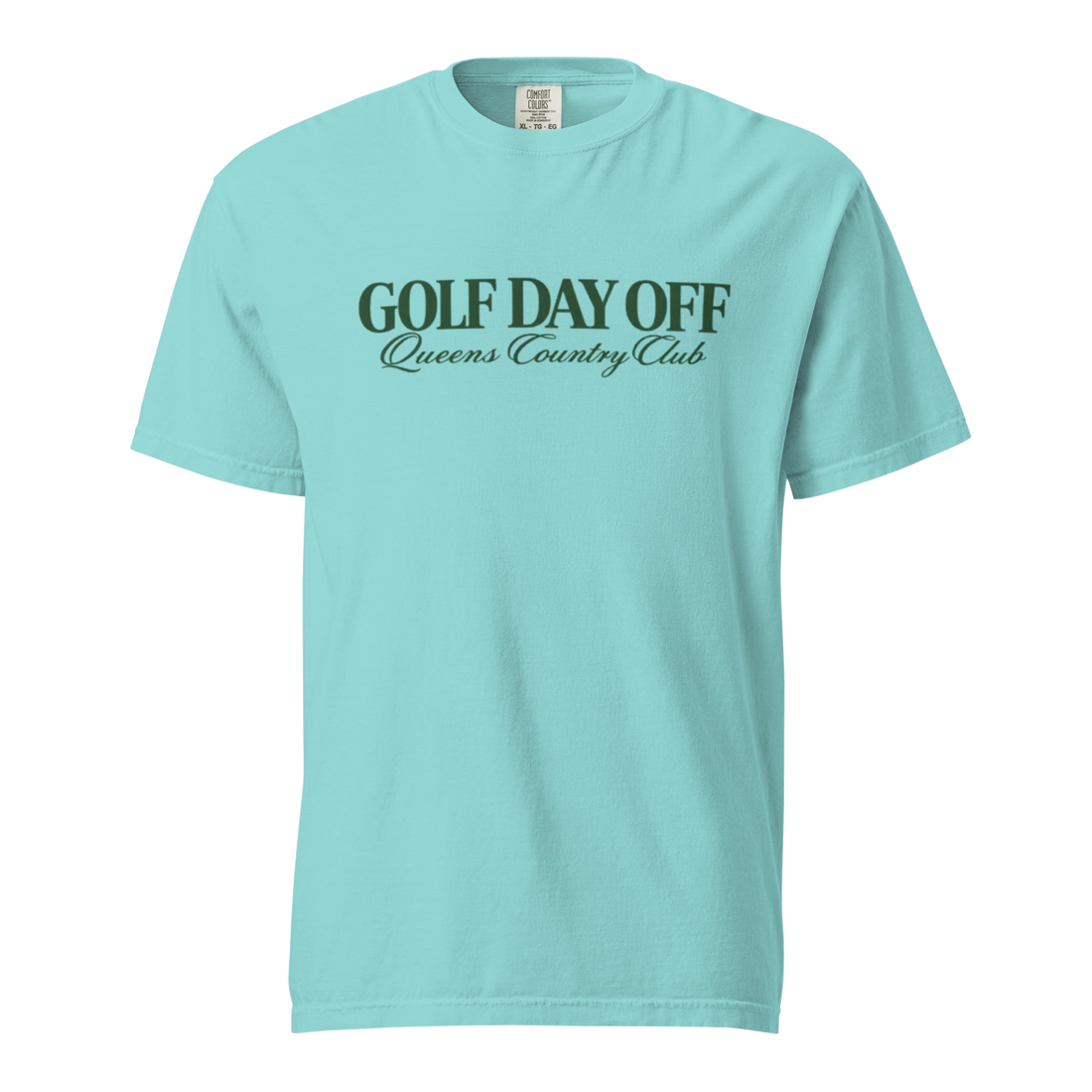 Golf Day Off Tee featuring green vintage inspired Queens Country Club graphic on a garment-dyed heavyweight t-shirt.