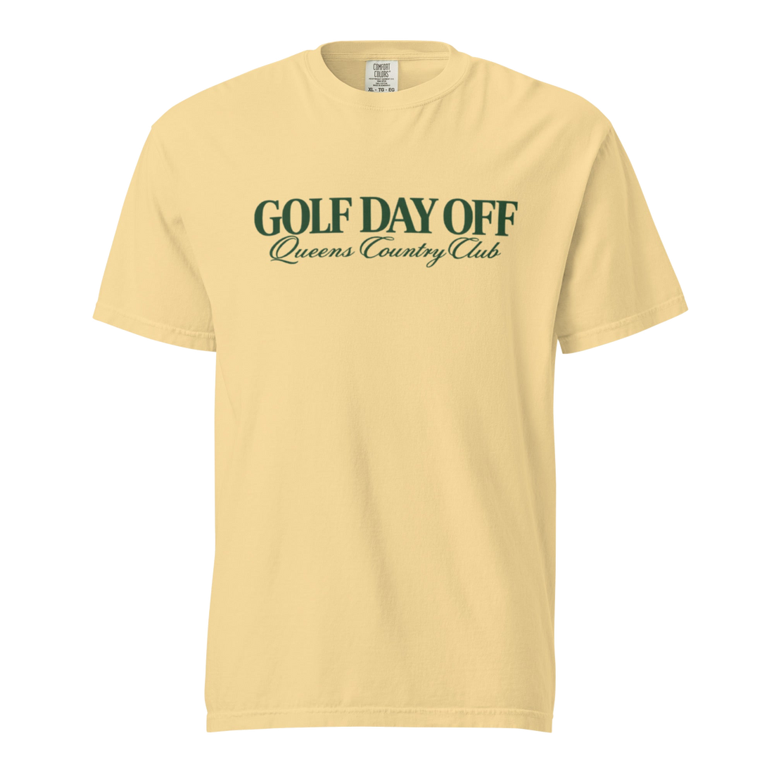 Golf Day Off Tee featuring green vintage inspired Queens Country Club graphic on a garment-dyed heavyweight t-shirt.