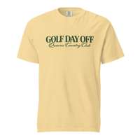 Golf Day Off Tee featuring green vintage inspired Queens Country Club graphic on a garment-dyed heavyweight t-shirt.