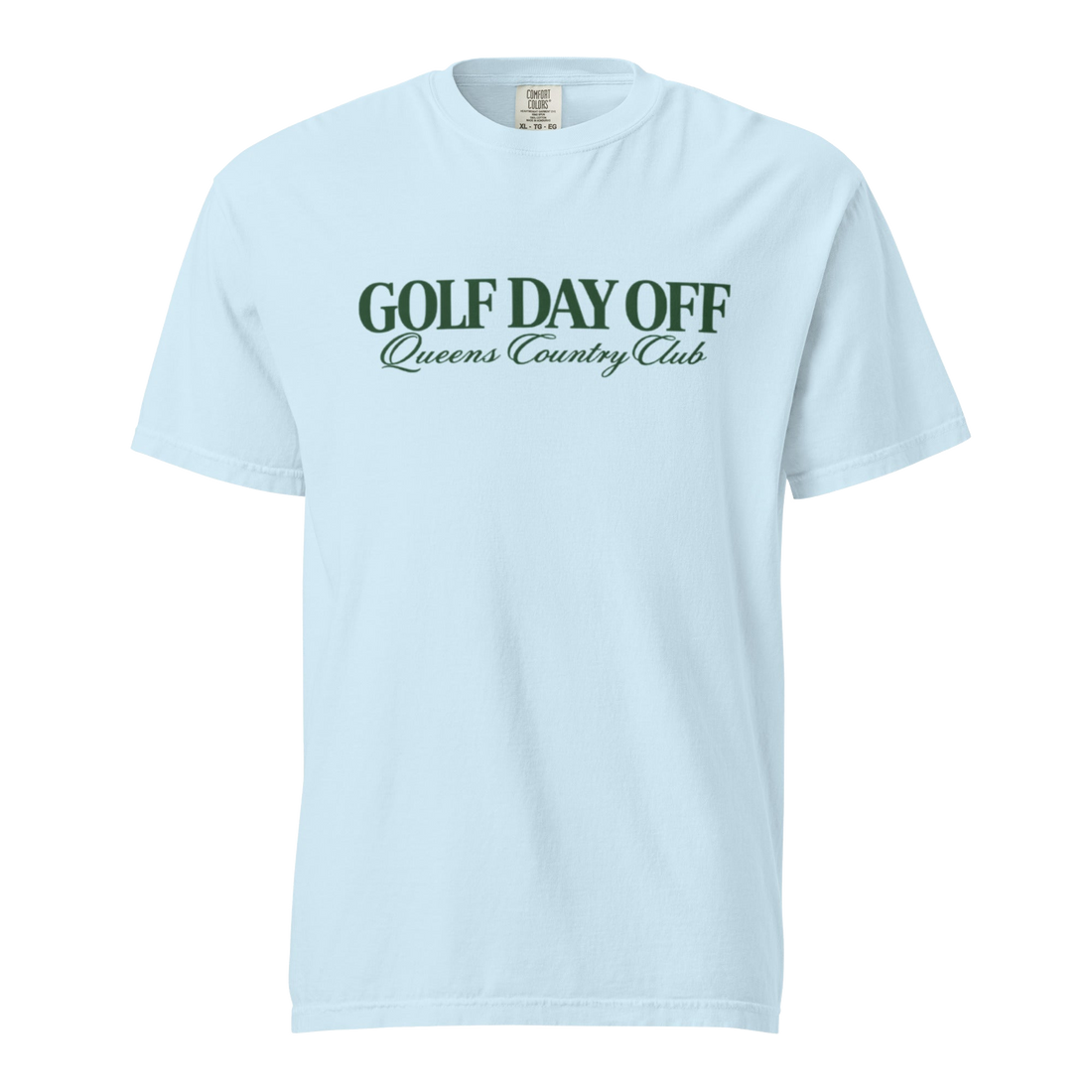 Golf Day Off Tee featuring green vintage inspired Queens Country Club graphic on a garment-dyed heavyweight t-shirt.