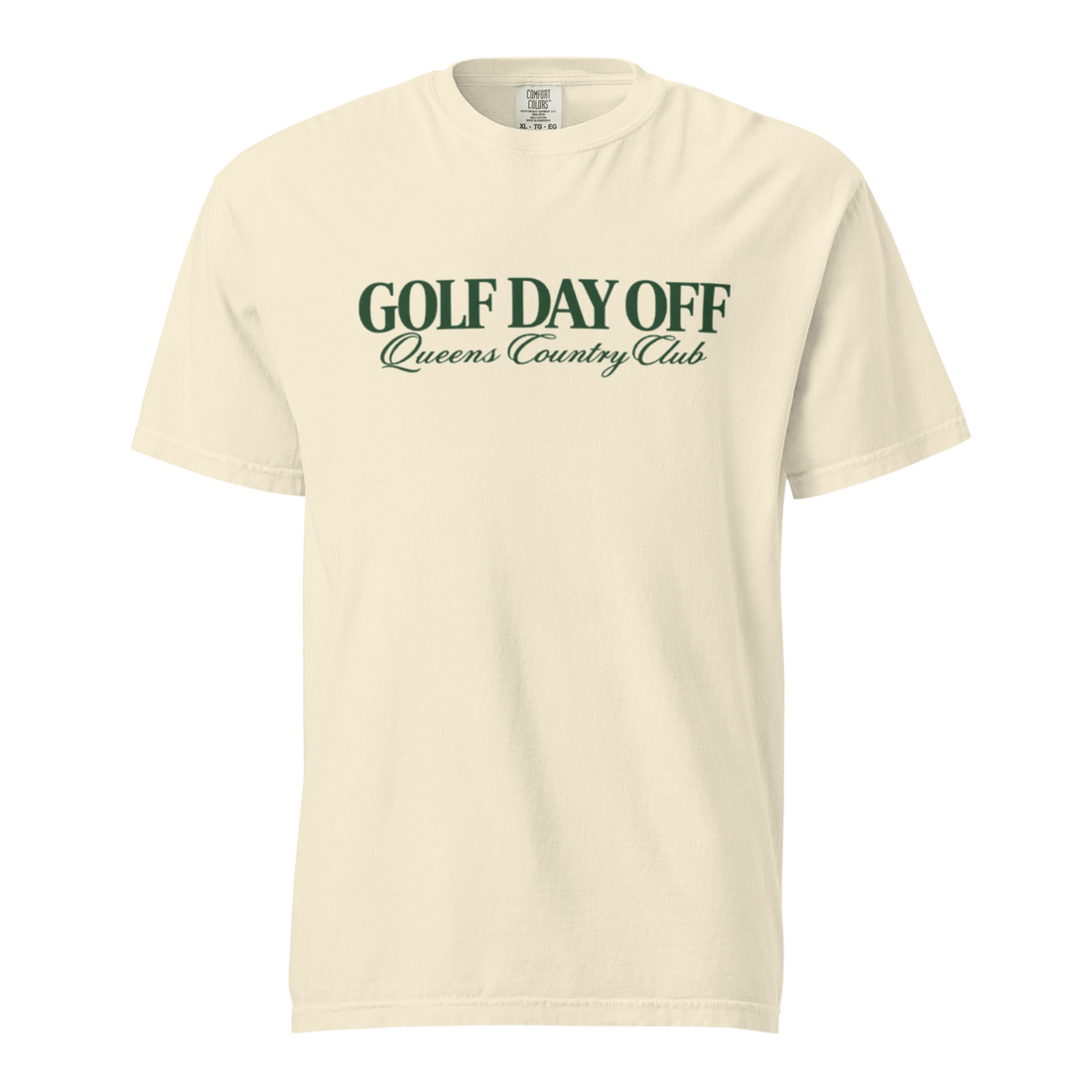 Golf Day Off Tee featuring green vintage inspired Queens Country Club graphic on a garment-dyed heavyweight t-shirt.
