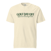 Golf Day Off Tee featuring green vintage inspired Queens Country Club graphic on a garment-dyed heavyweight t-shirt.