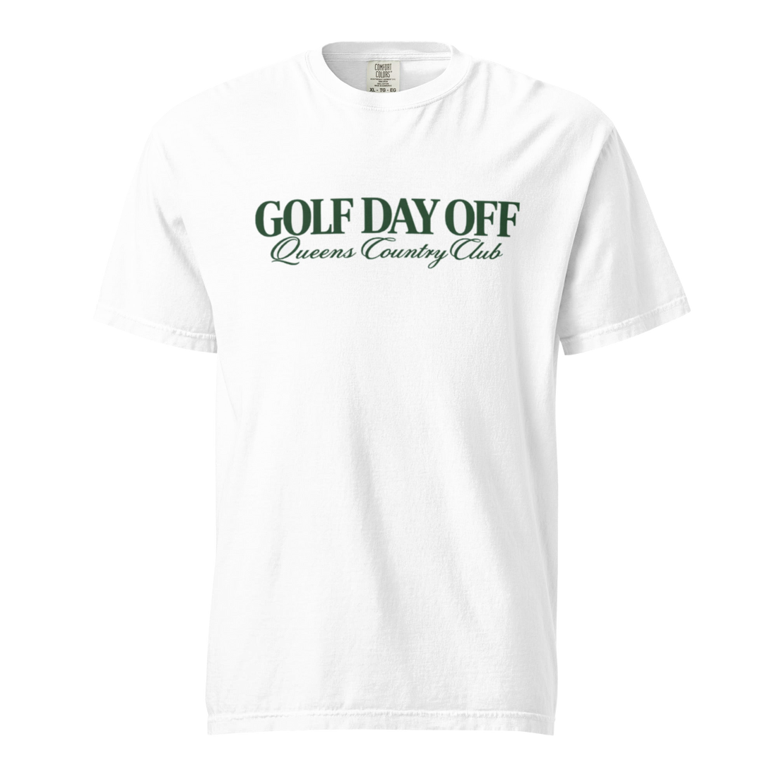 Golf Day Off Tee featuring green vintage inspired Queens Country Club graphic on a garment-dyed heavyweight t-shirt.
