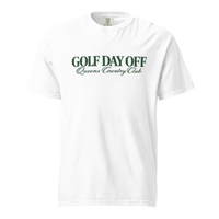 Golf Day Off Tee featuring green vintage inspired Queens Country Club graphic on a garment-dyed heavyweight t-shirt.