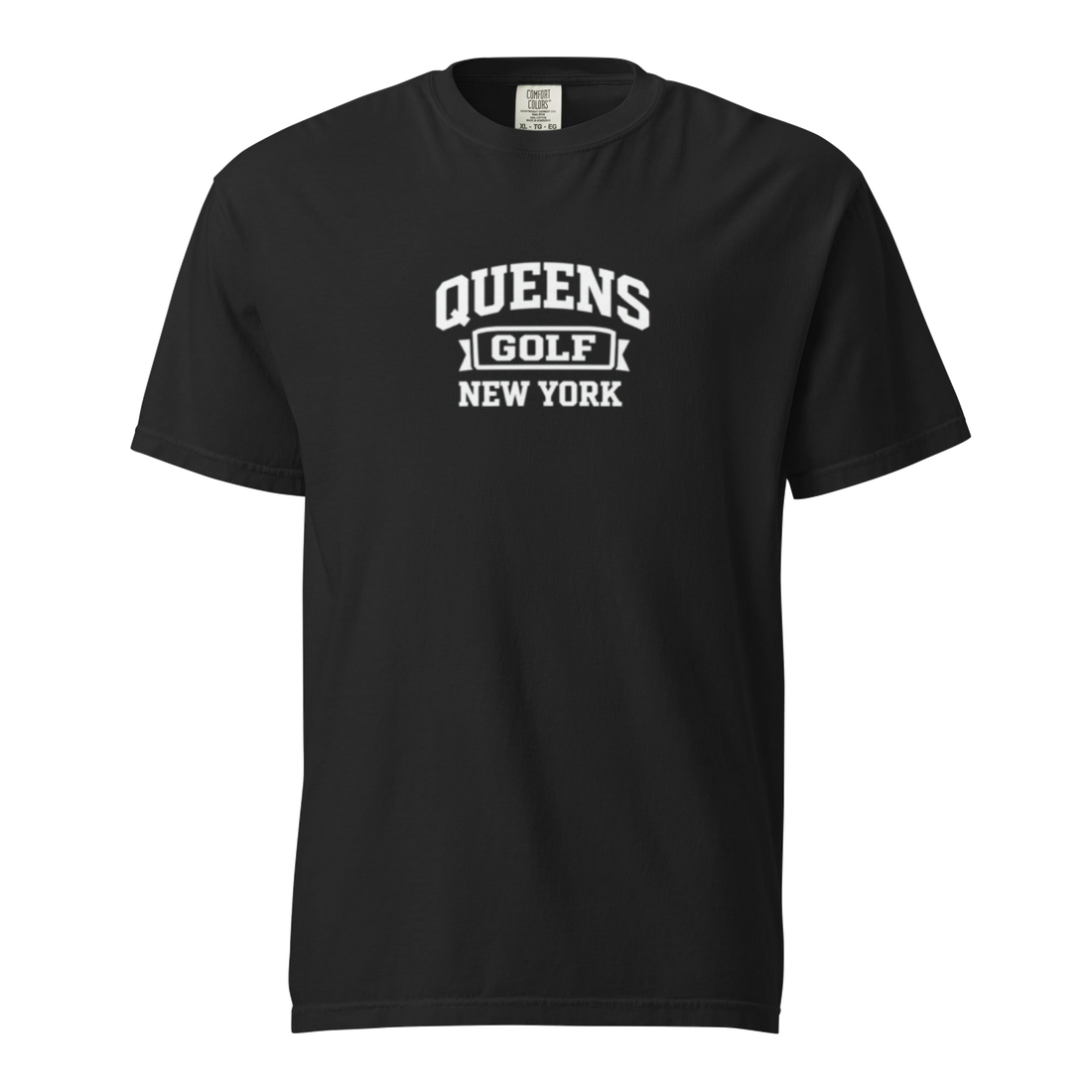 Queens Collegiate Golf Tee White in Black — front view | Queens Country Club