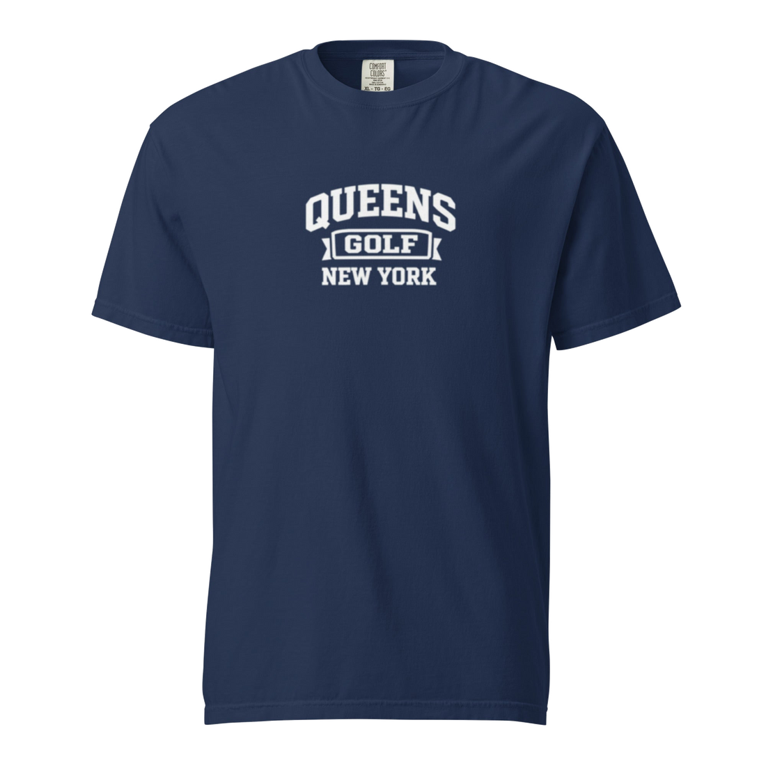 Queens Collegiate Golf Tee White in Navy — front view | Queens Country Club