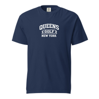 Queens Collegiate Golf Tee White in Navy — front view | Queens Country Club