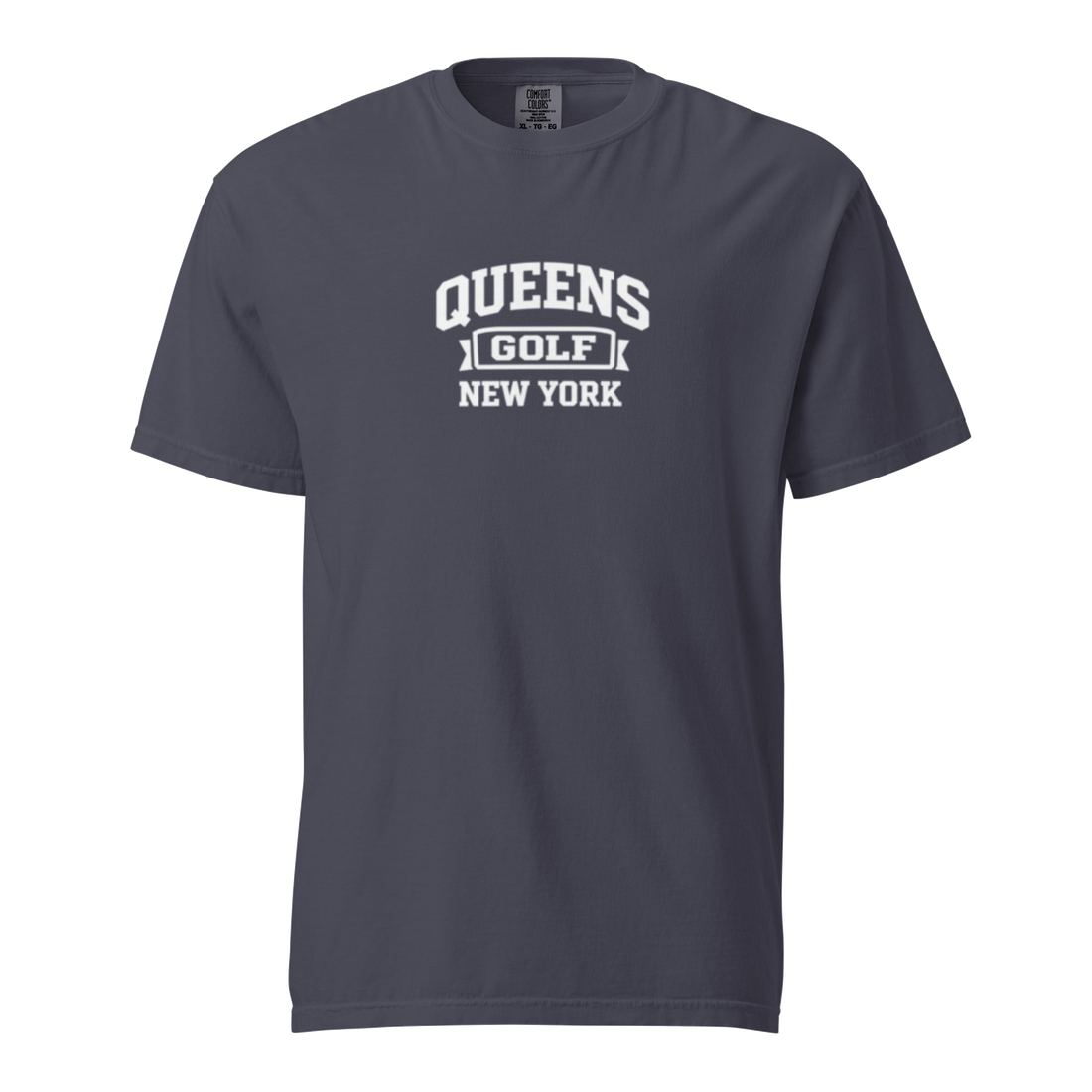 Queens Collegiate Golf Tee White in Navy — front view | Queens Country Club