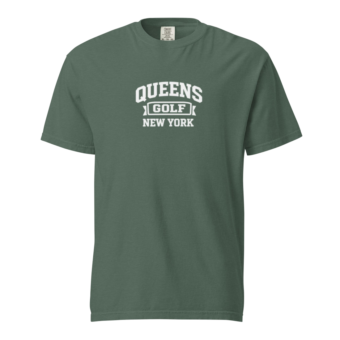 Queens Collegiate Golf Tee White in Spruce — front view | Queens Country Club