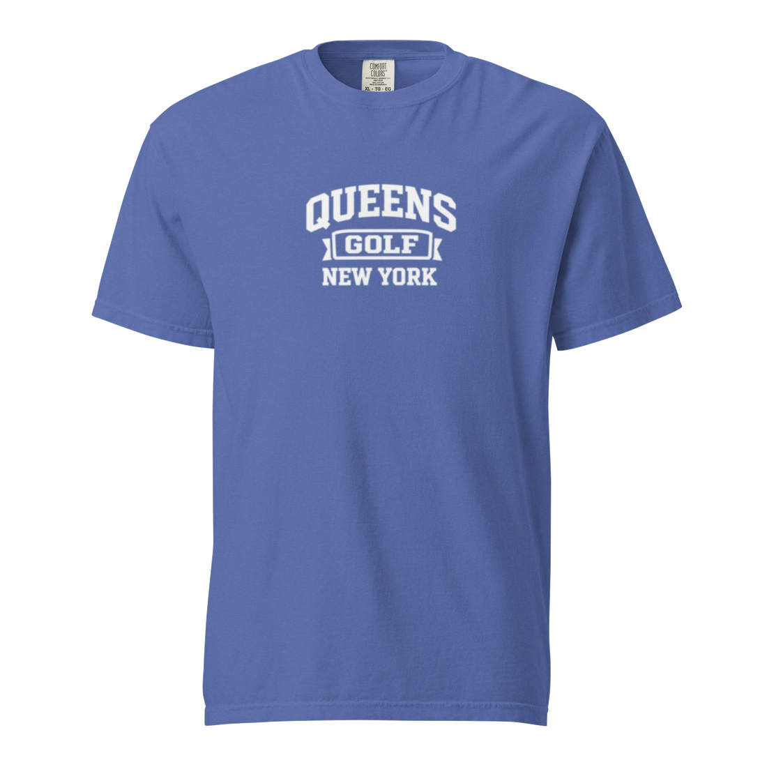 Queens Collegiate Golf Tee White in Blue — front view | Queens Country Club