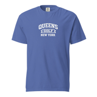 Queens Collegiate Golf Tee White in Blue — front view | Queens Country Club