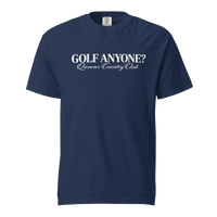 Queens Country Club Golf Anyone? Tee with white print in True Navy, front view