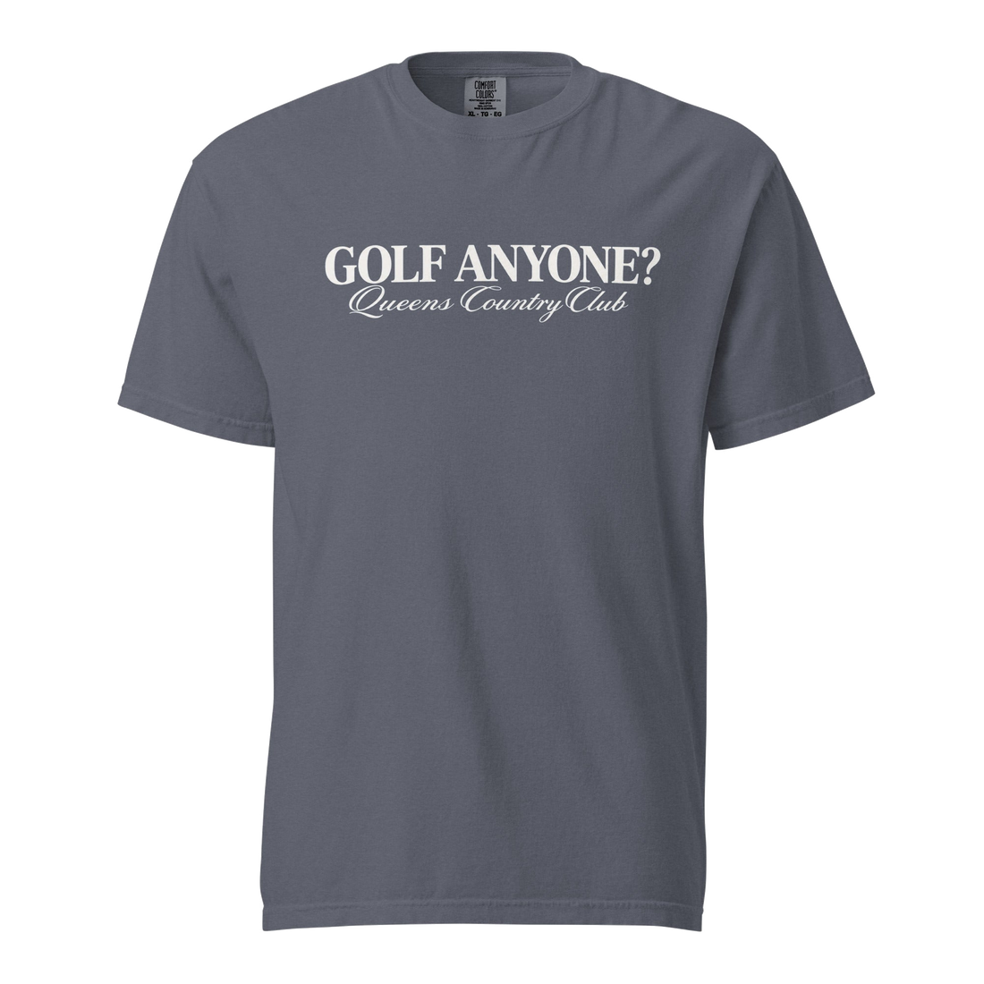 Queens Country Club Golf Anyone? Tee with white print in Denim, front view