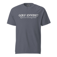 Queens Country Club Golf Anyone? Tee with white print in Denim, front view