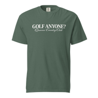 Queens Country Club Golf Anyone? Tee with white print in Blue Spruce, front view