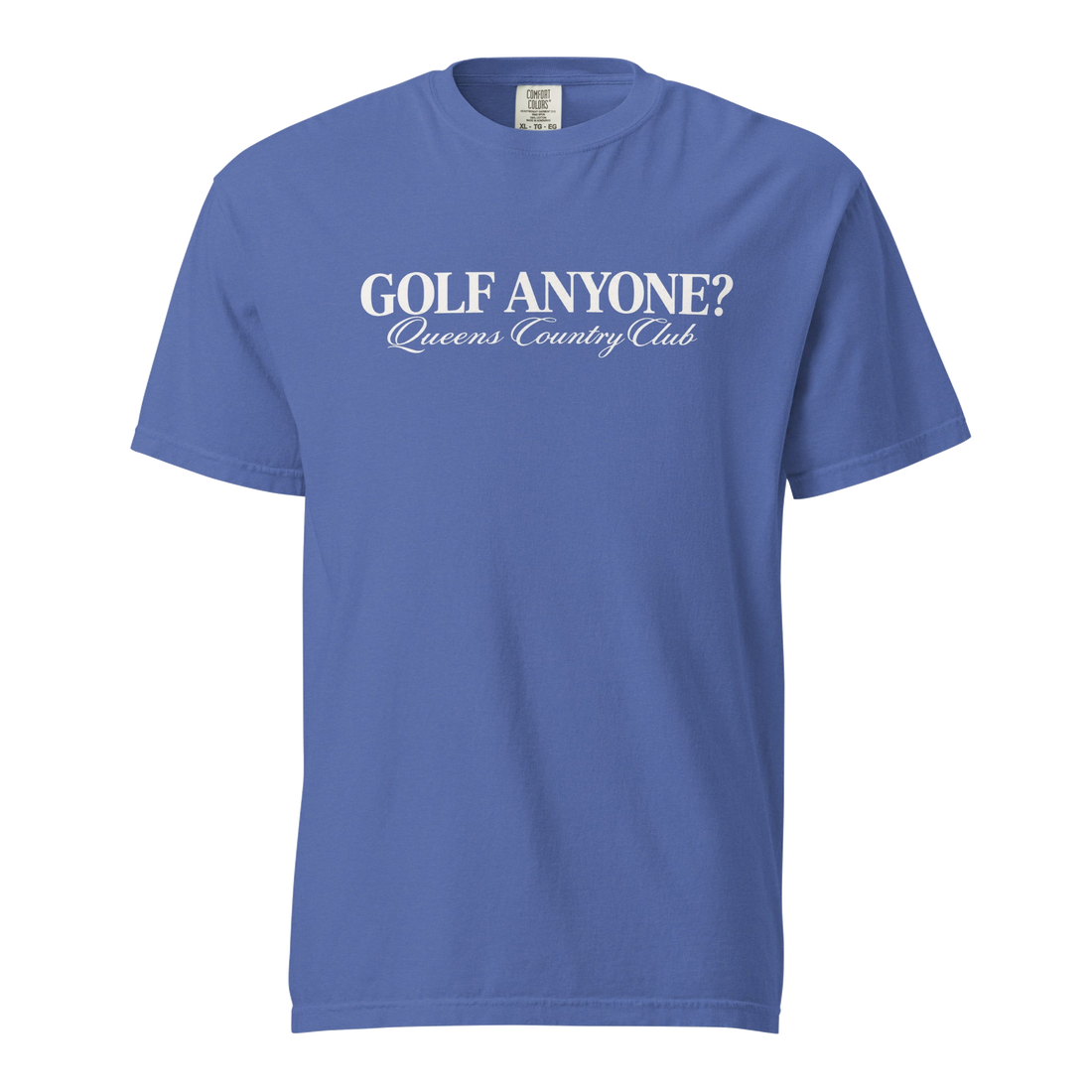 Queens Country Club Golf Anyone? Tee with white print in Mystic Blue, front view