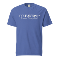 Queens Country Club Golf Anyone? Tee with white print in Mystic Blue, front view