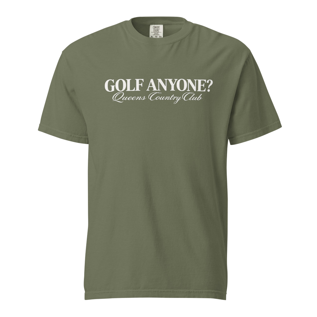 Queens Country Club Golf Anyone? Tee with white print in Moss, front view