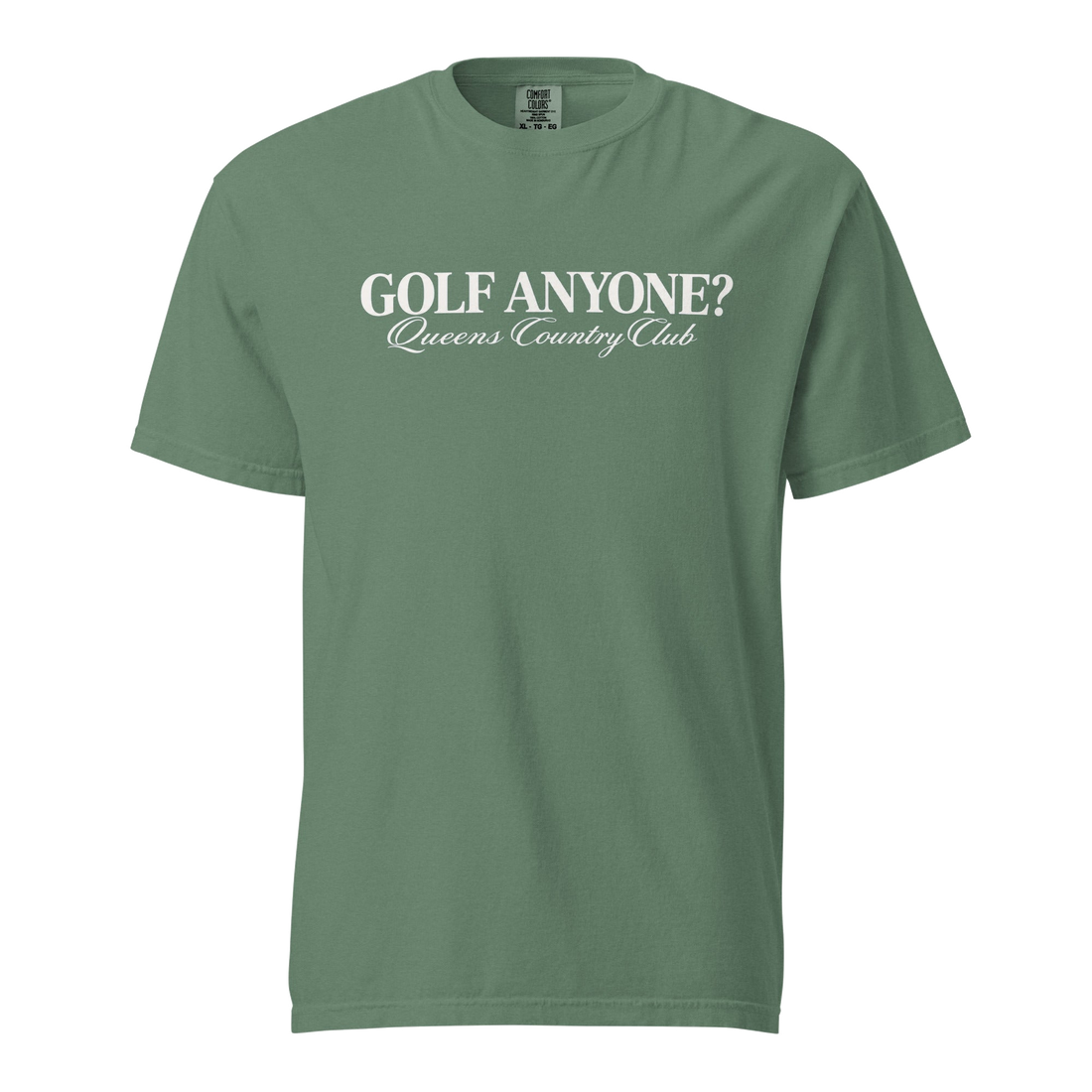 Queens Country Club Golf Anyone? Tee with white print in Light Green, front view