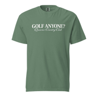 Queens Country Club Golf Anyone? Tee with white print in Light Green, front view
