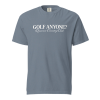 Queens Country Club Golf Anyone? Tee with white print in Blue Jean, front view