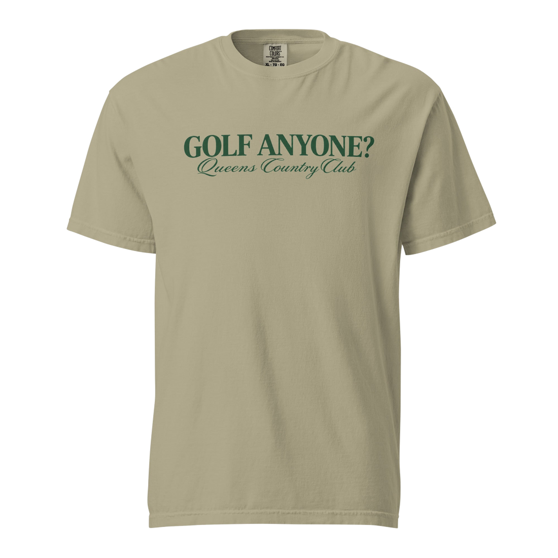 Queens Country Club Golf Anyone? Tee with green print in Khaki, front view