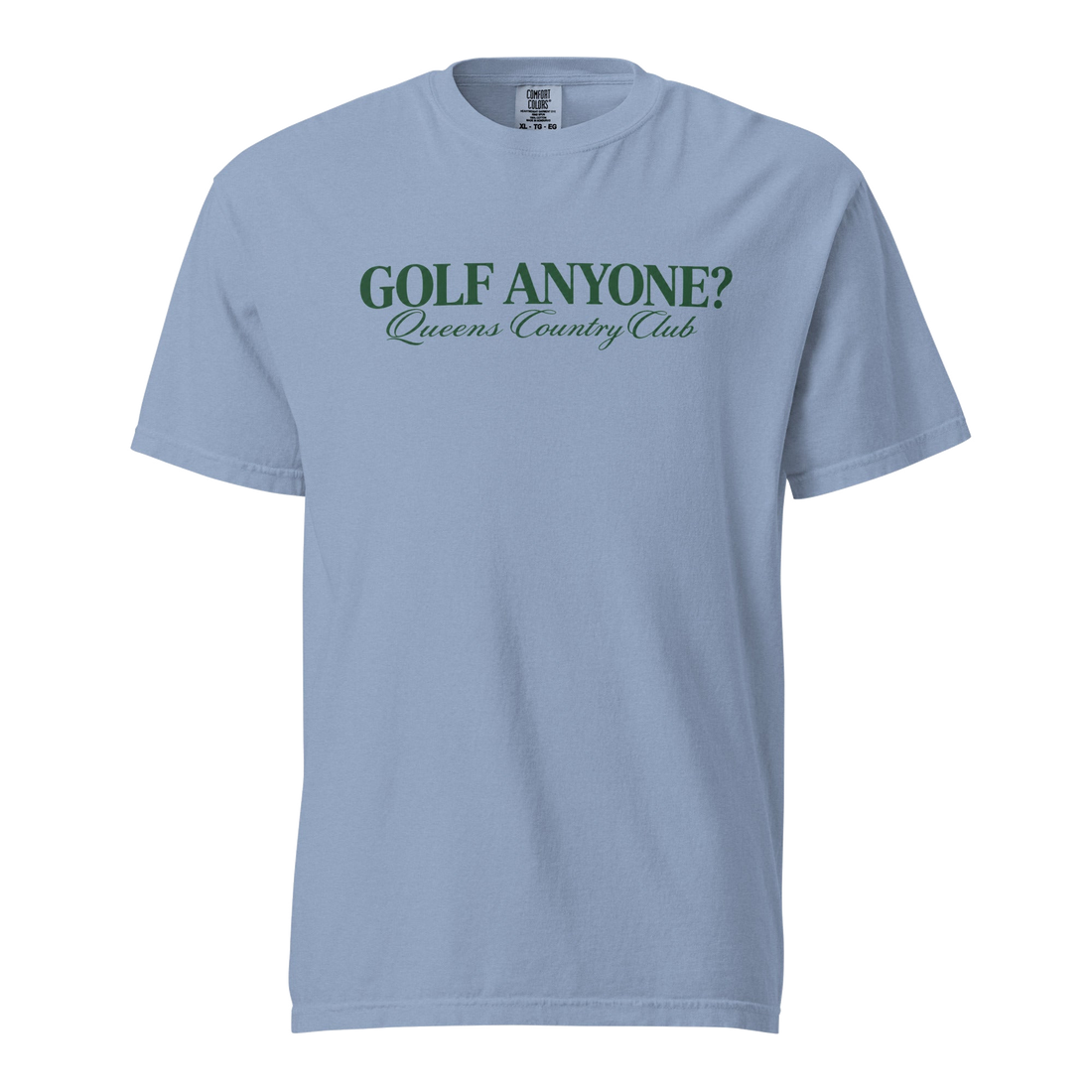 Queens Country Club Golf Anyone? Tee with green print in Washed Denim, front view