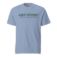 Queens Country Club Golf Anyone? Tee with green print in Washed Denim, front view