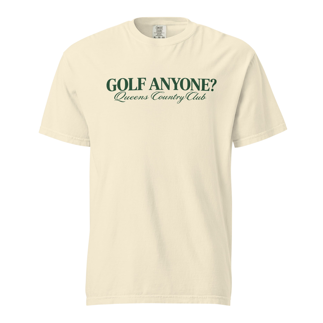 Queens Country Club Golf Anyone? Tee with green print in Ivory, front view