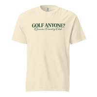 Queens Country Club Golf Anyone? Tee with green print in Ivory, front view