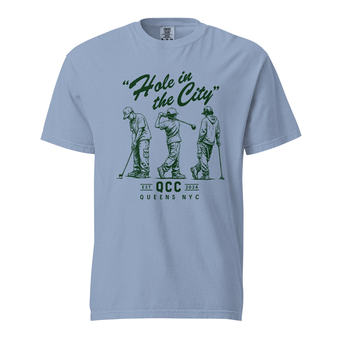 Washed Denim Hole in the City heavyweight golf T-shirt with green QCC three-golfer graphic | Queens Country Club