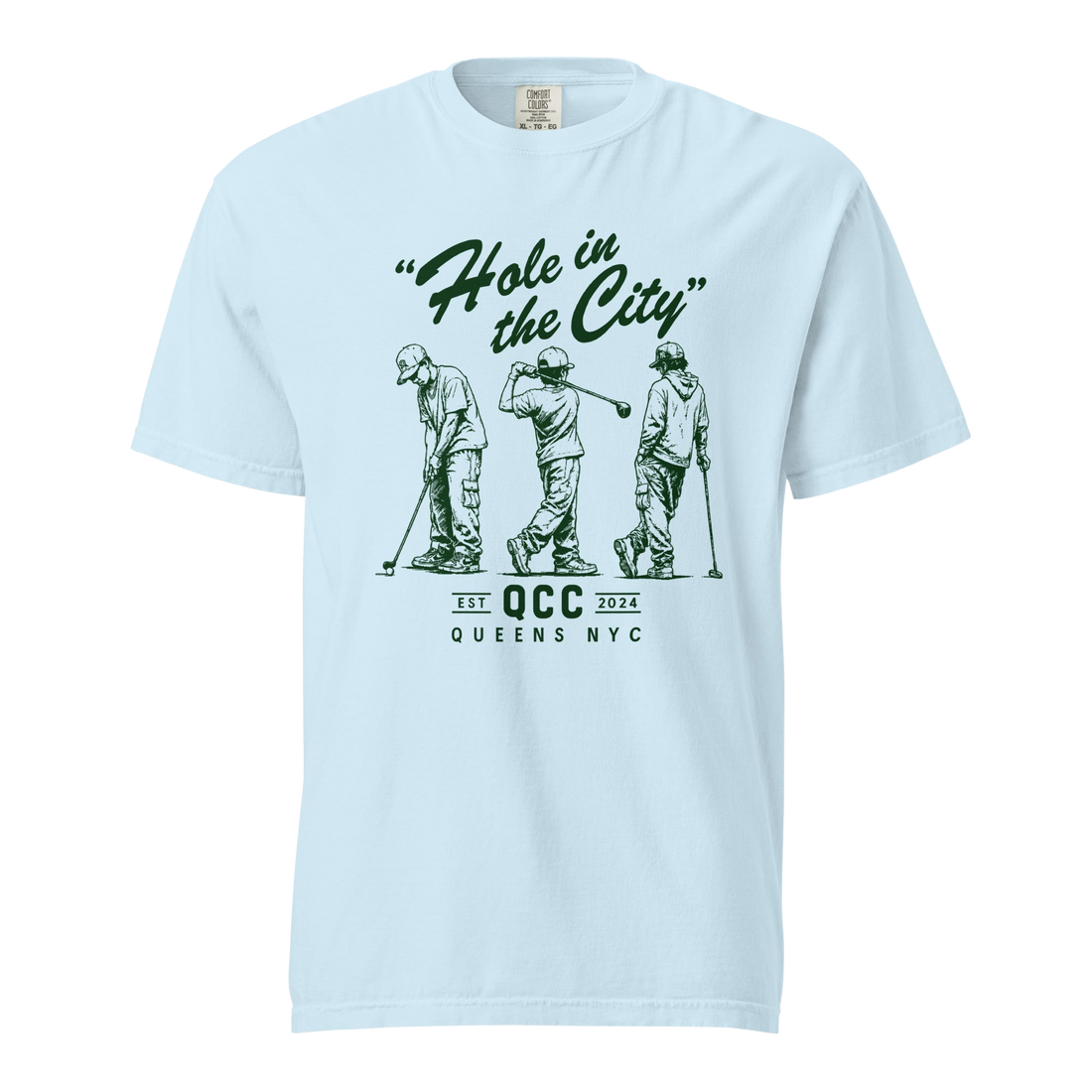 Chambray Hole in the City heavyweight golf T-shirt with green QCC three-golfer graphic | Queens Country Club