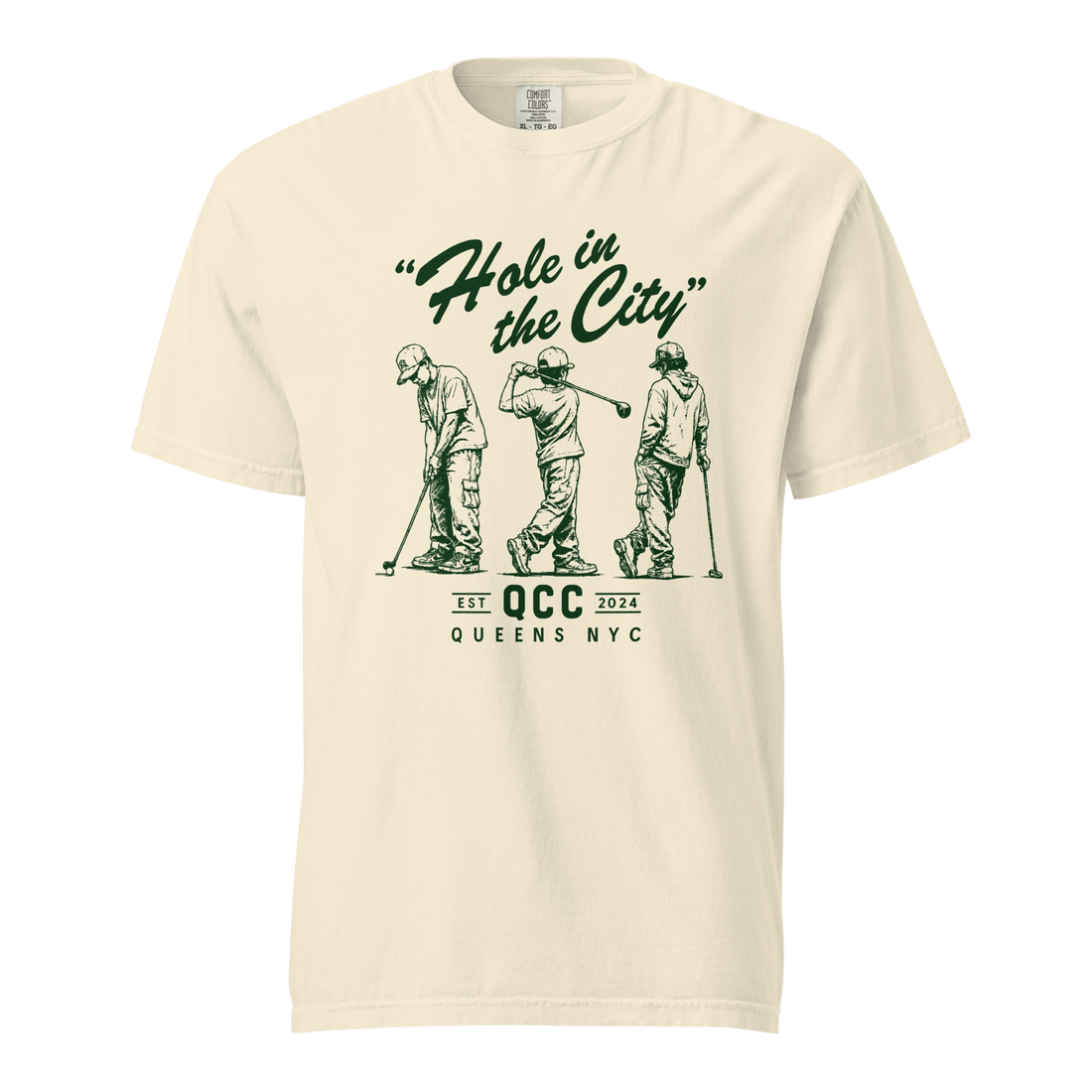 Ivory Hole in the City heavyweight golf T-shirt with green QCC three-golfer graphic | Queens Country Club