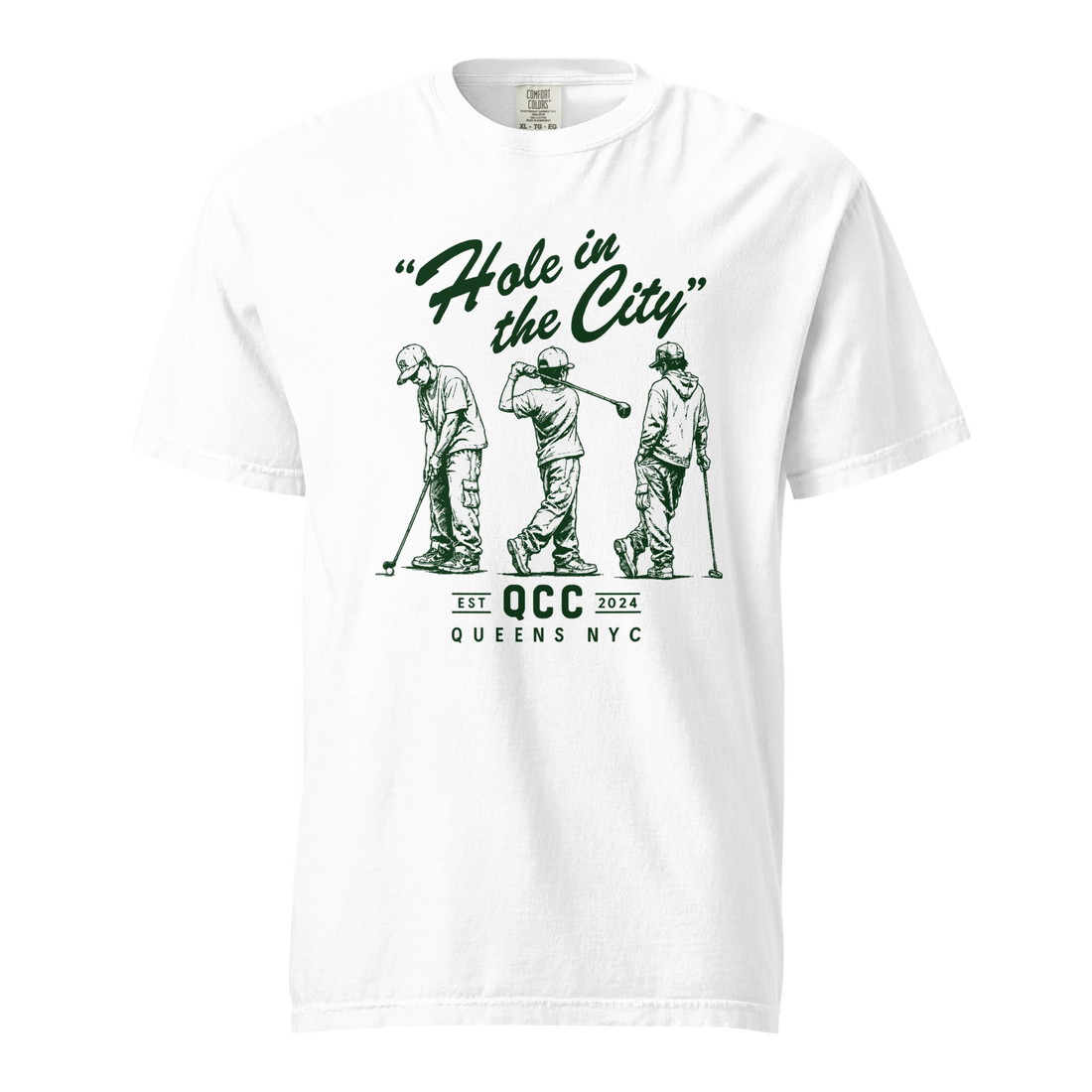 White Hole in the City heavyweight golf T-shirt with green QCC three-golfer graphic | Queens Country Club