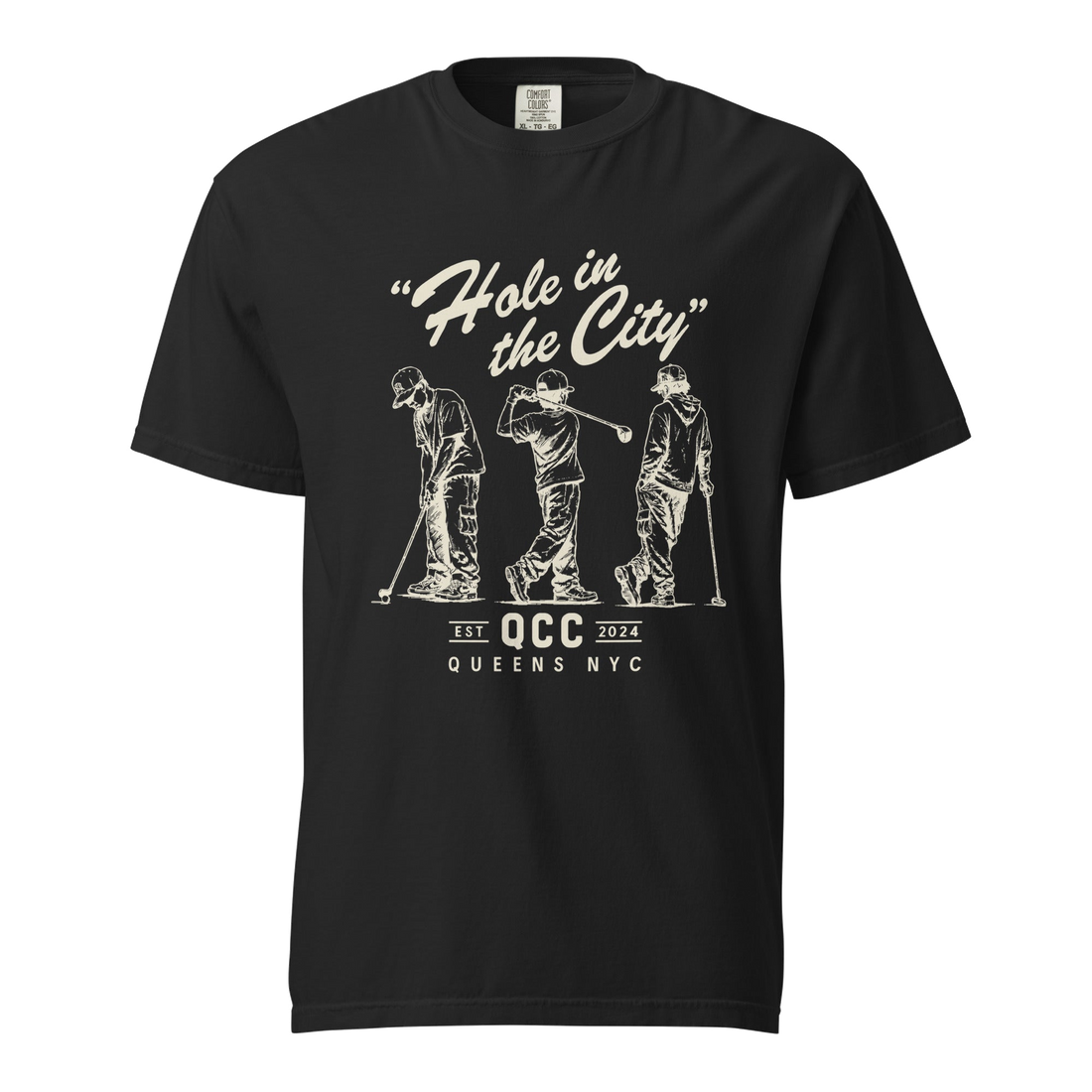 Black Hole in the City heavyweight golf T-shirt with cream QCC three-golfer graphic | Queens Country Club