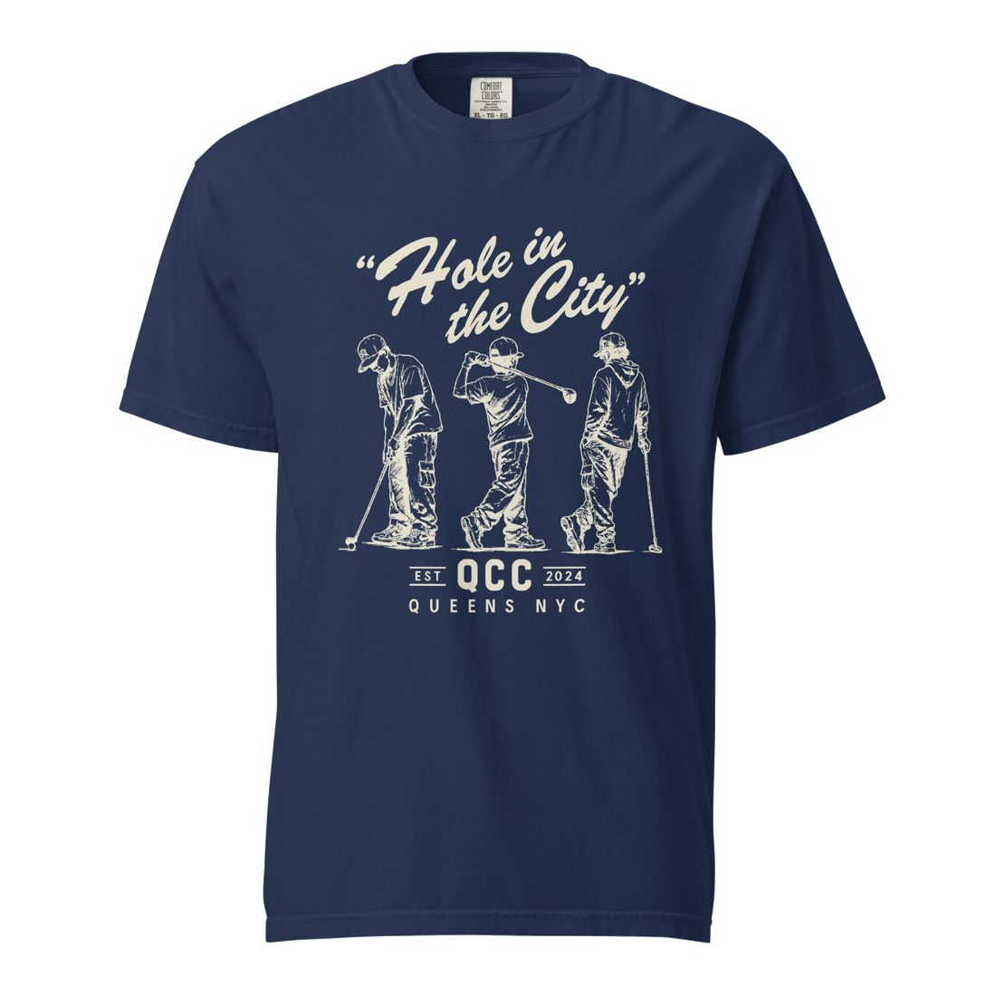 True Navy Hole in the City heavyweight golf T-shirt with cream QCC three-golfer graphic | Queens Country Club