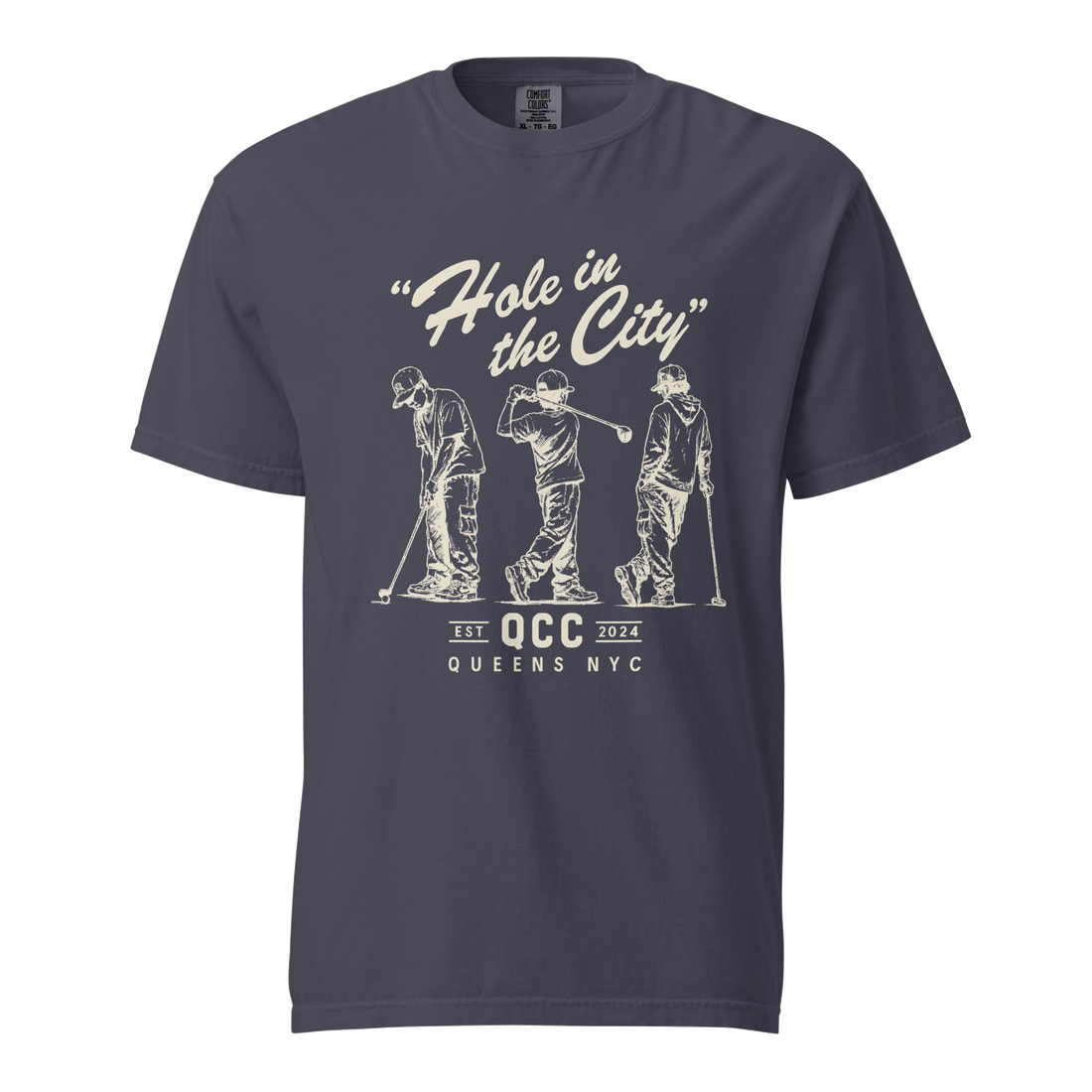 Navy Hole in the City heavyweight golf T-shirt with cream QCC three-golfer graphic | Queens Country Club