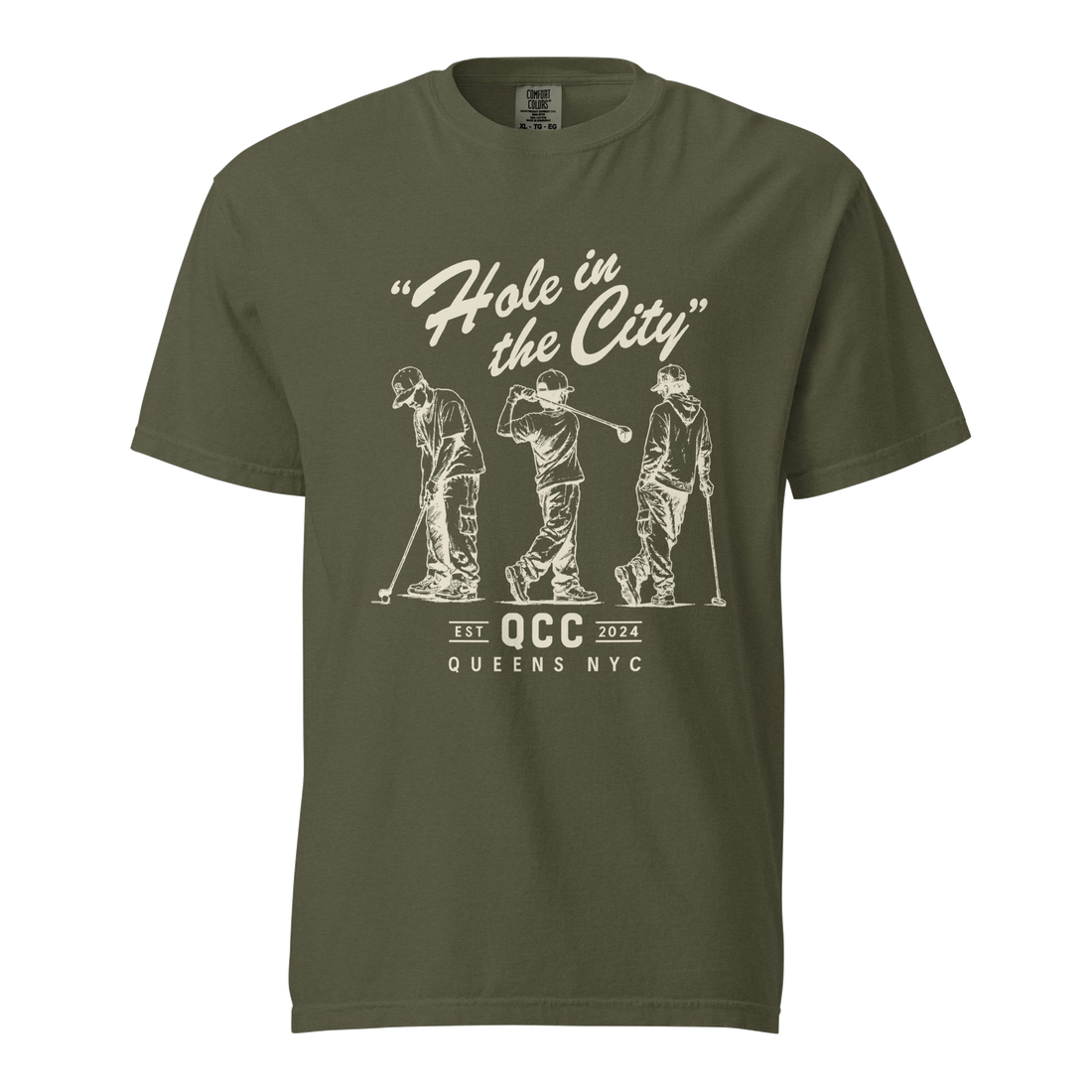 Sage Hole in the City heavyweight golf T-shirt with cream QCC three-golfer graphic | Queens Country Club