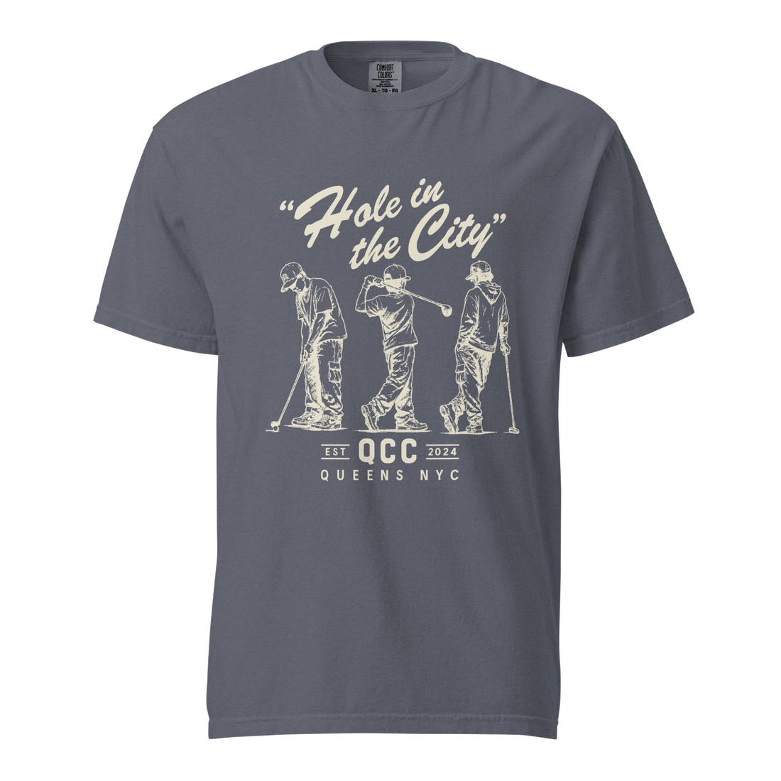 Denim Hole in the City heavyweight golf T-shirt with cream QCC three-golfer graphic | Queens Country Club