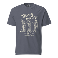 Denim Hole in the City heavyweight golf T-shirt with cream QCC three-golfer graphic | Queens Country Club