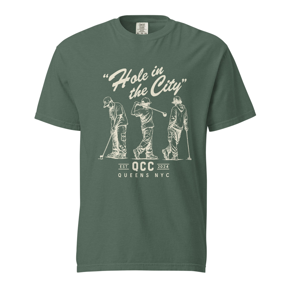 Blue Spruce Hole in the City heavyweight golf T-shirt with cream QCC three-golfer graphic | Queens Country Club