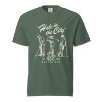 Blue Spruce Hole in the City heavyweight golf T-shirt with cream QCC three-golfer graphic | Queens Country Club