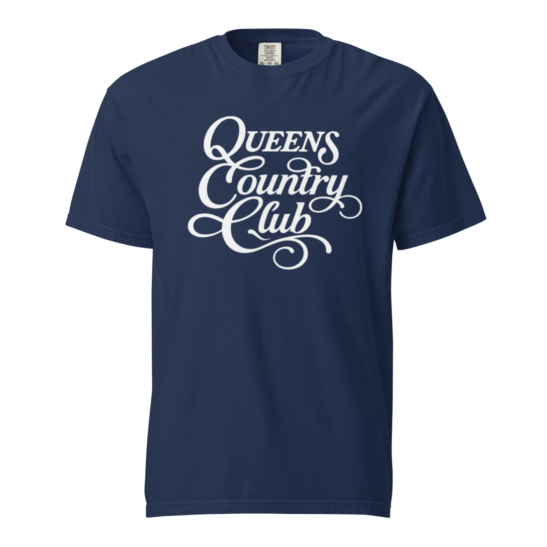 True Navy QCC Heritage Script heavyweight garment-dyed T-shirt with white Queens Country Club graphic