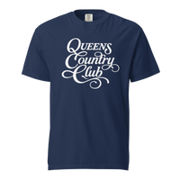 True Navy QCC Heritage Script heavyweight garment-dyed T-shirt with white Queens Country Club graphic