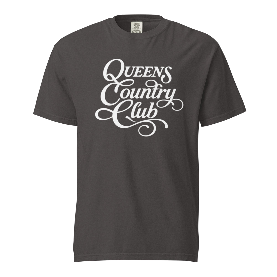 Graphite QCC Heritage Script heavyweight garment-dyed T-shirt with white Queens Country Club graphic