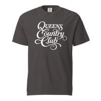 Graphite QCC Heritage Script heavyweight garment-dyed T-shirt with white Queens Country Club graphic